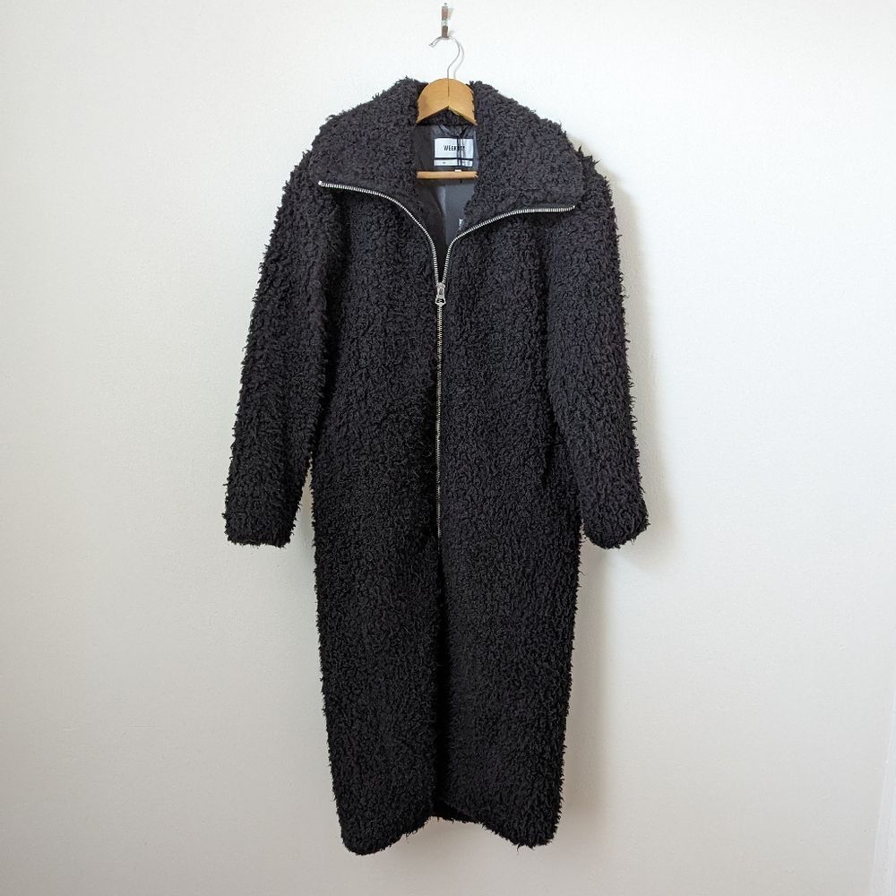 NWT WEEKDAY ASOS black teddy fuzzy faux fur wide collar maxi Sei long coat